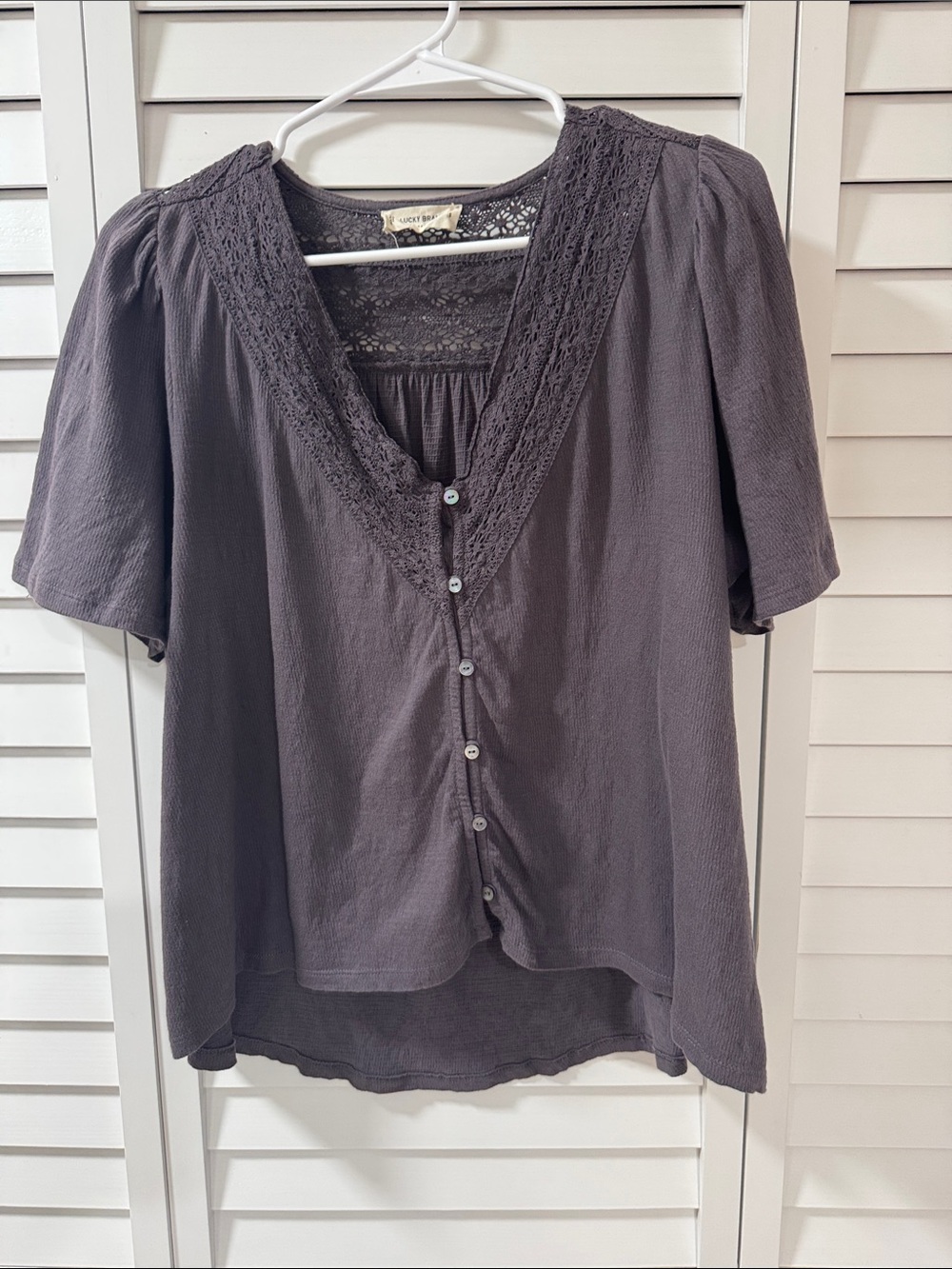 Lucky Brand Charcoal Lace-Trim Button-Front Blouse